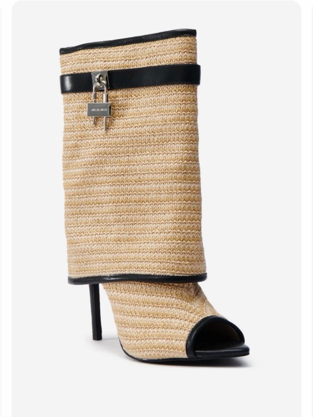 Azalea Wang Beige Raffia Peep-Toe Mid-Calf Boot with Black Trim and Padlock
